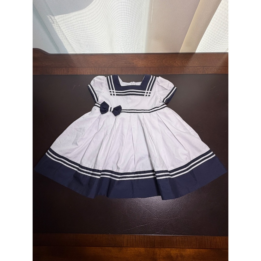 Sarah Louise England Baby Girls Sailor Dress Navy White Bow Pleated 6 Months